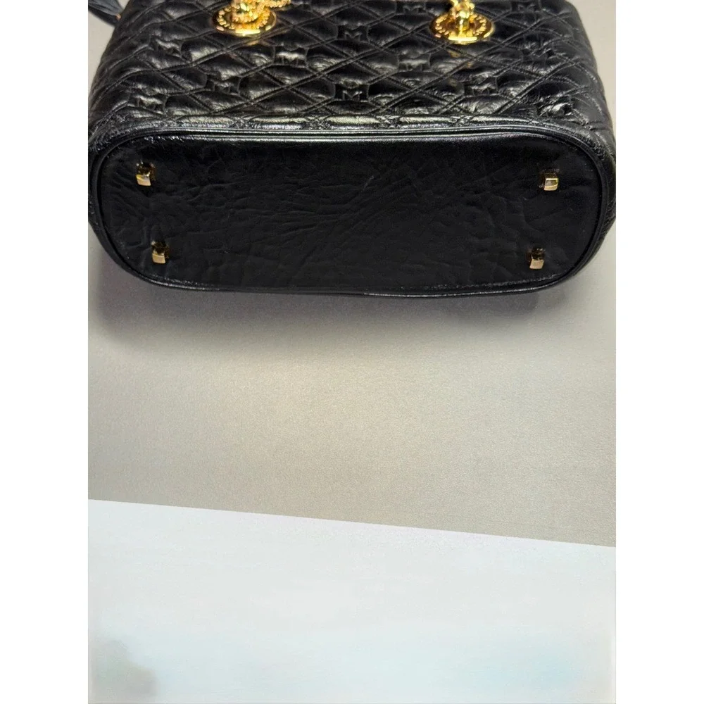 Metrocity Black Quilted Leather‎ Tote Bag Gold Hardware Logo Charm Shoulder Bag
